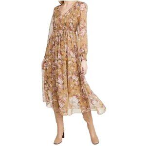 Anthro‎ O.p.t. Wick Smocked Floral Midi Dress Gold XS